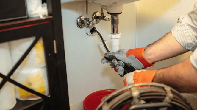 Drain cleaning technician using a motorized plumbing snake to clear a clogged sink pipe in Scottsdale, AZ